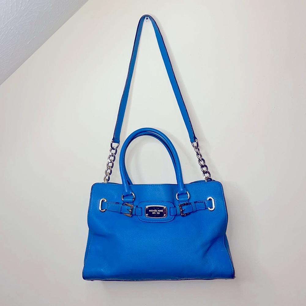 Michael Kors Hamilton Large East West Teal Gold Hardware Leather Purse Tote - Picture 4 of 13